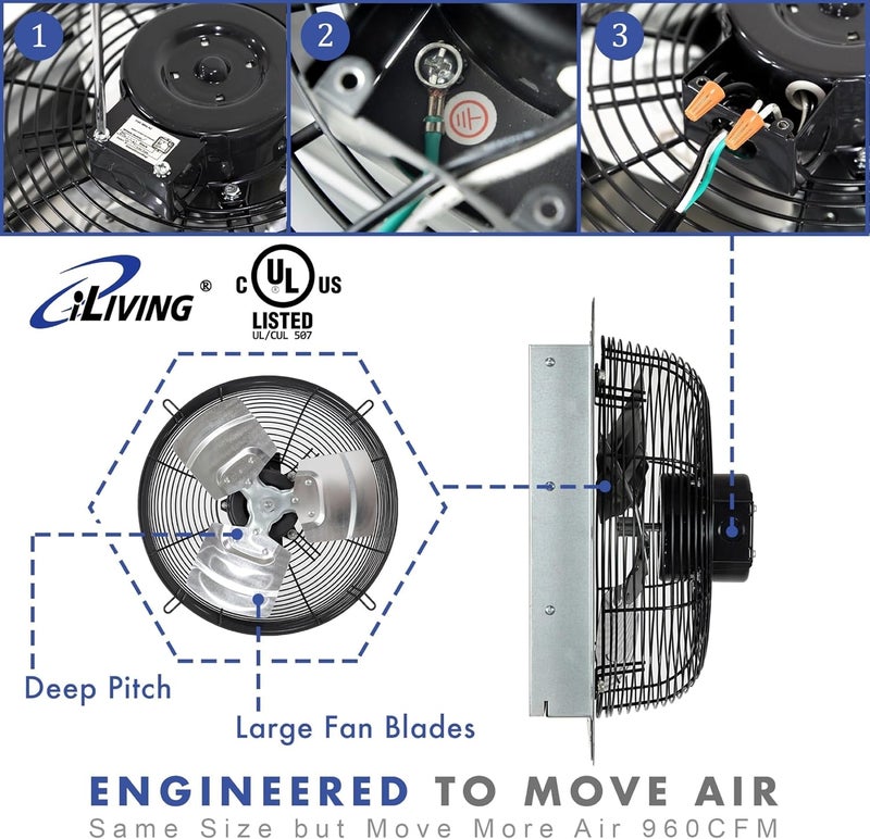 Iliving 12-Inch Wall Mounted Exhaust Fan with Variable Speed, 960 CFM, 1400 SQF Coverage Area, Silver - Image 5